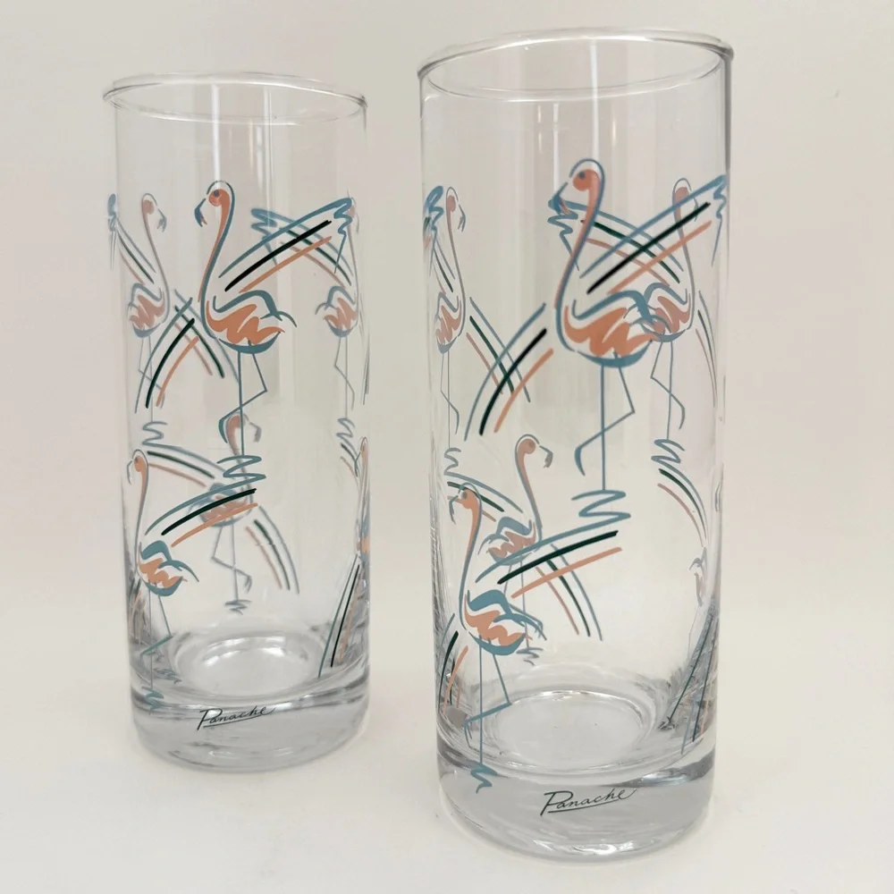 Vintage MCM 1960s Panache Flamingo Tumbler Highball Bar Glasses Set of 2
